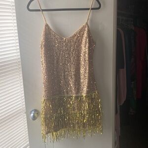 Gold fringe mini dress perfect for night outs or costume parties